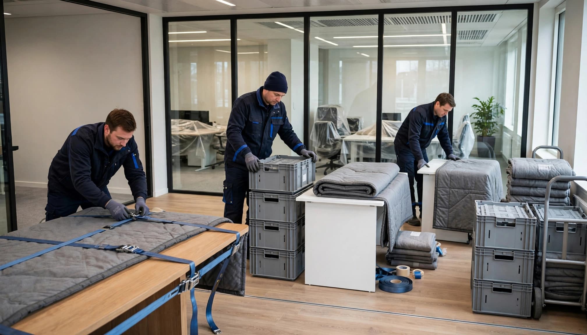 Tre flyttemænd i mørkt arbejdstøj organiserer og pakker møbler ind i et lyst kontor.