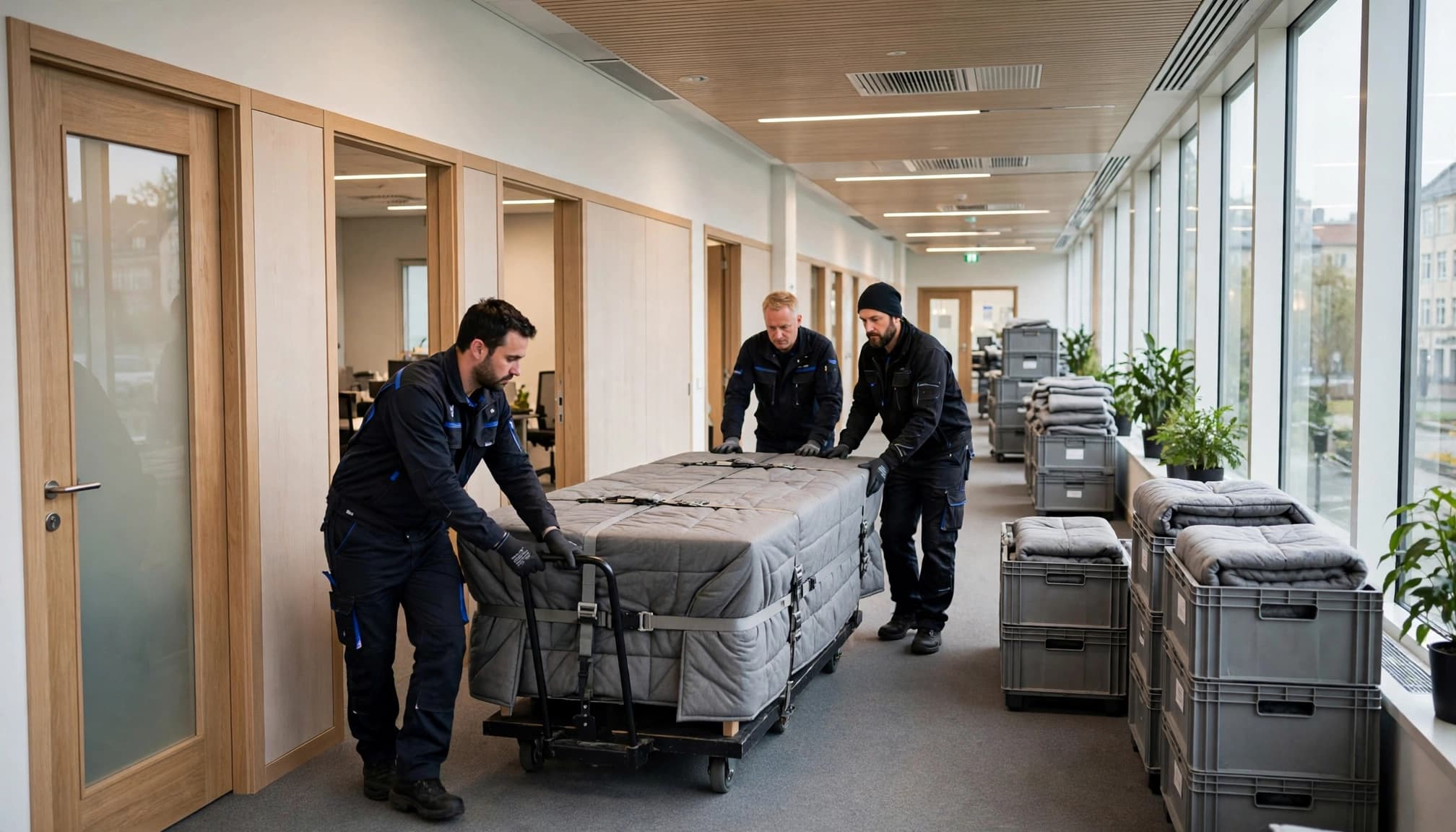Tre flyttemænd kører et indpakket mødebord gennem en lys kontorgang.