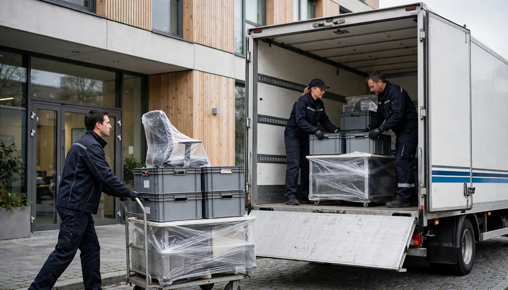 Tre flyttemænd i mørkeblåt arbejdstøj læsser kasser og inventar i en hvid flyttebil.