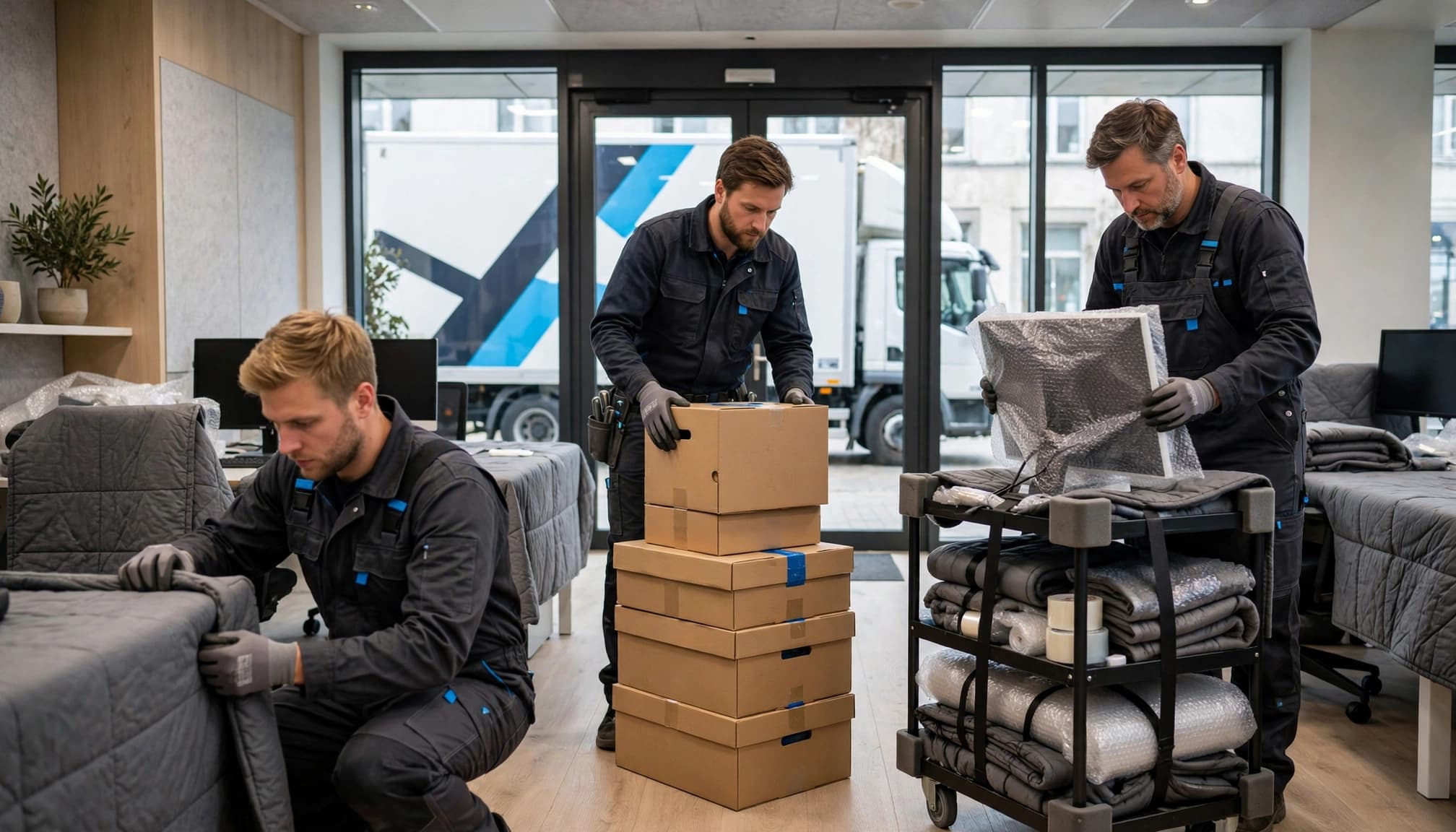 Tre flyttemænd beskytter kontormøbler ved en glasindgang med en flyttebil udenfor.