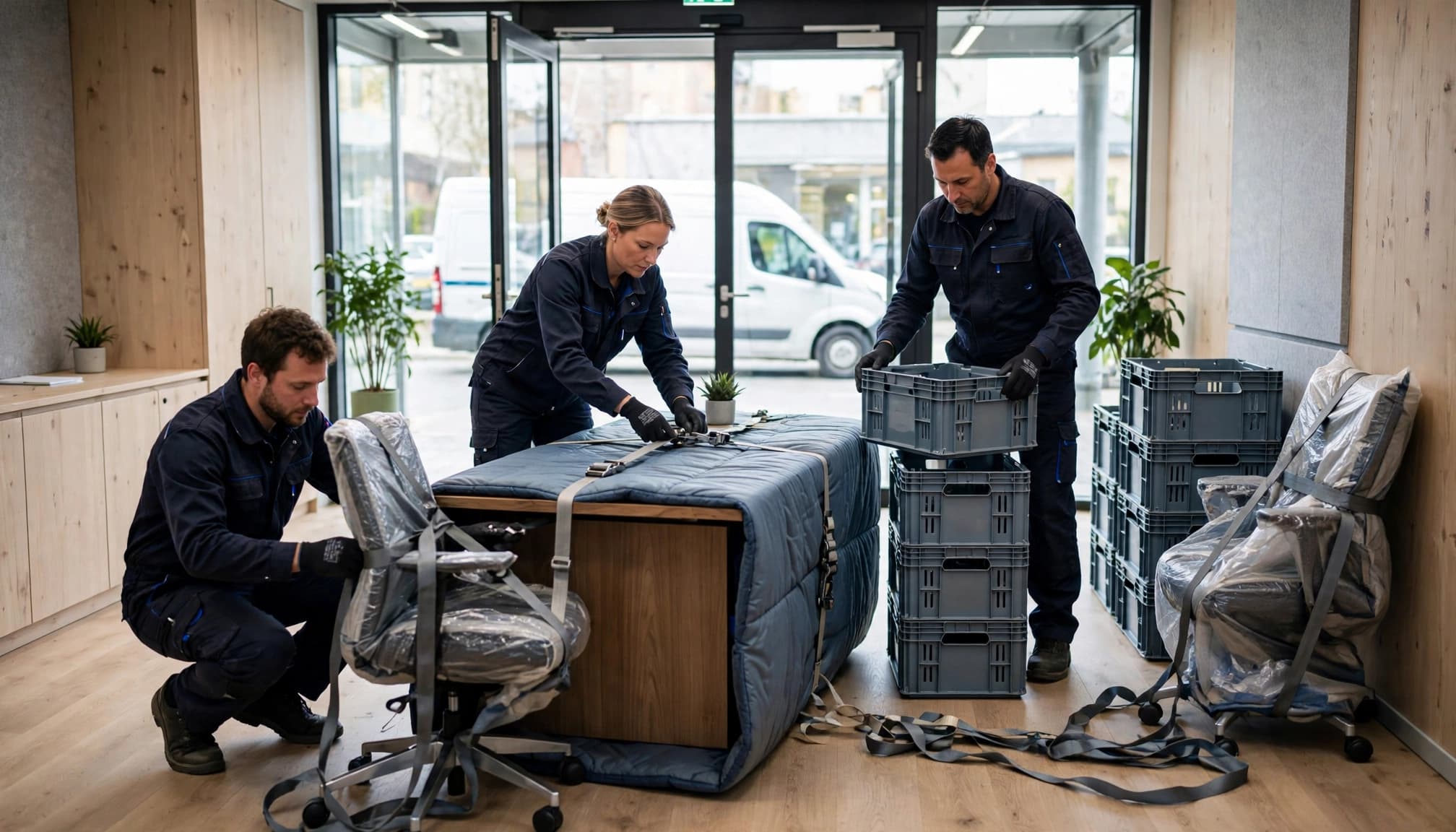 Tre flyttemænd i mørkeblåt arbejdstøj håndterer flyttekasser og møbler på et moderne kontor.