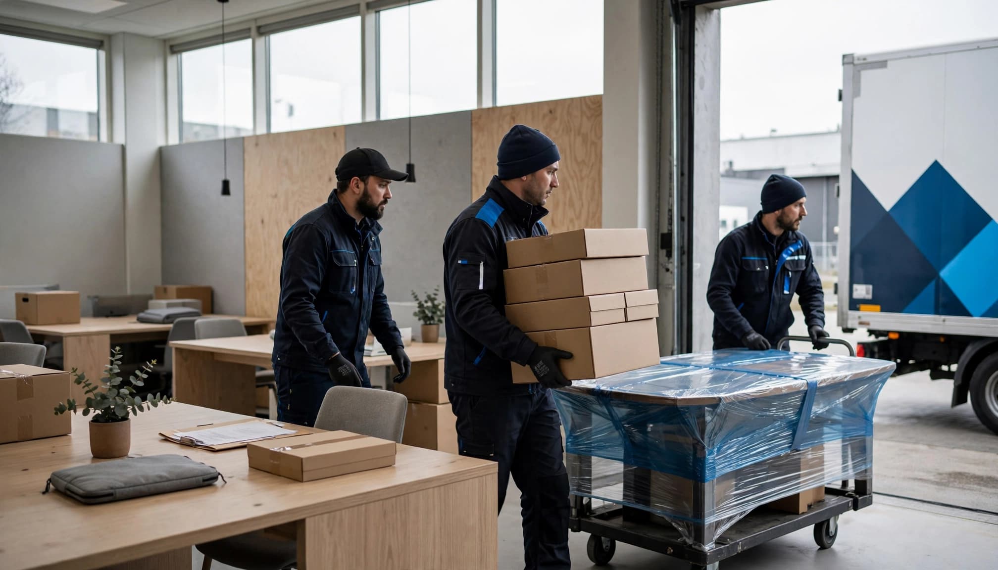 Tre flyttemænd i mørkt arbejdstøj bærer kasser og flytter møbler på et kontor.