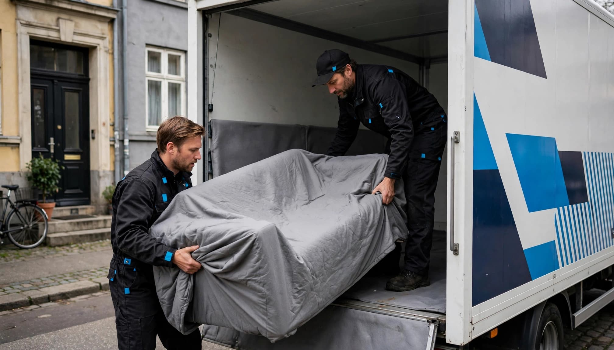 To flyttemænd læsser en tæppeindpakket sofa i en flyttebil.