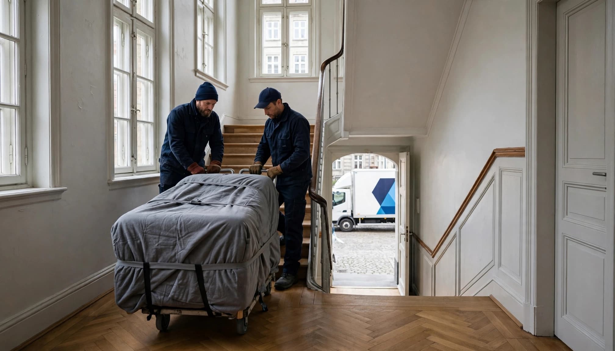 To flyttemænd i mørkeblåt arbejdstøj flytter en grå indpakket sofa på en sækkevogn i en opgang.
