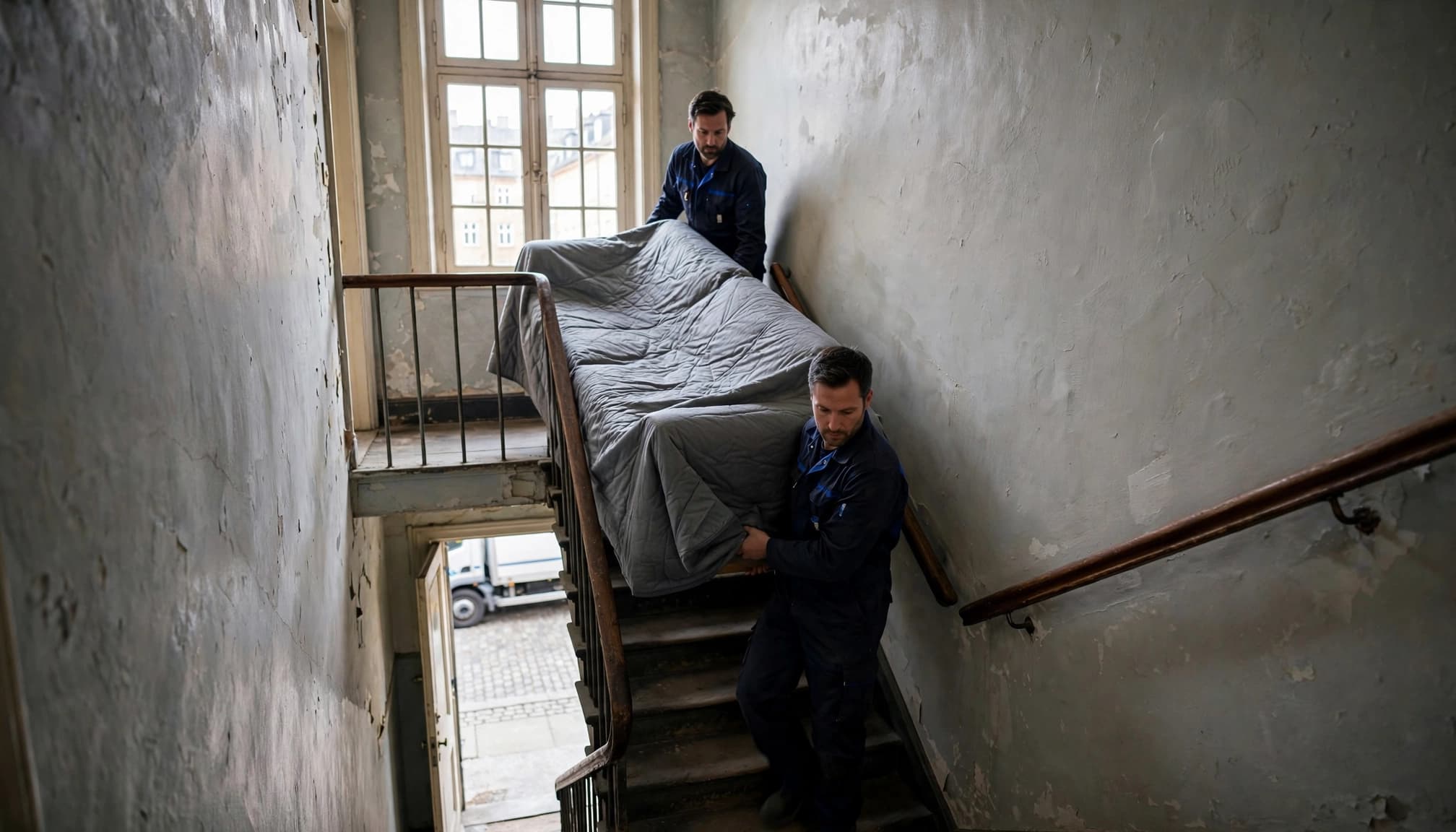 To flyttemænd bærer en sofa dækket af grå tæpper op ad en smal trappe i en ældre ejendom.