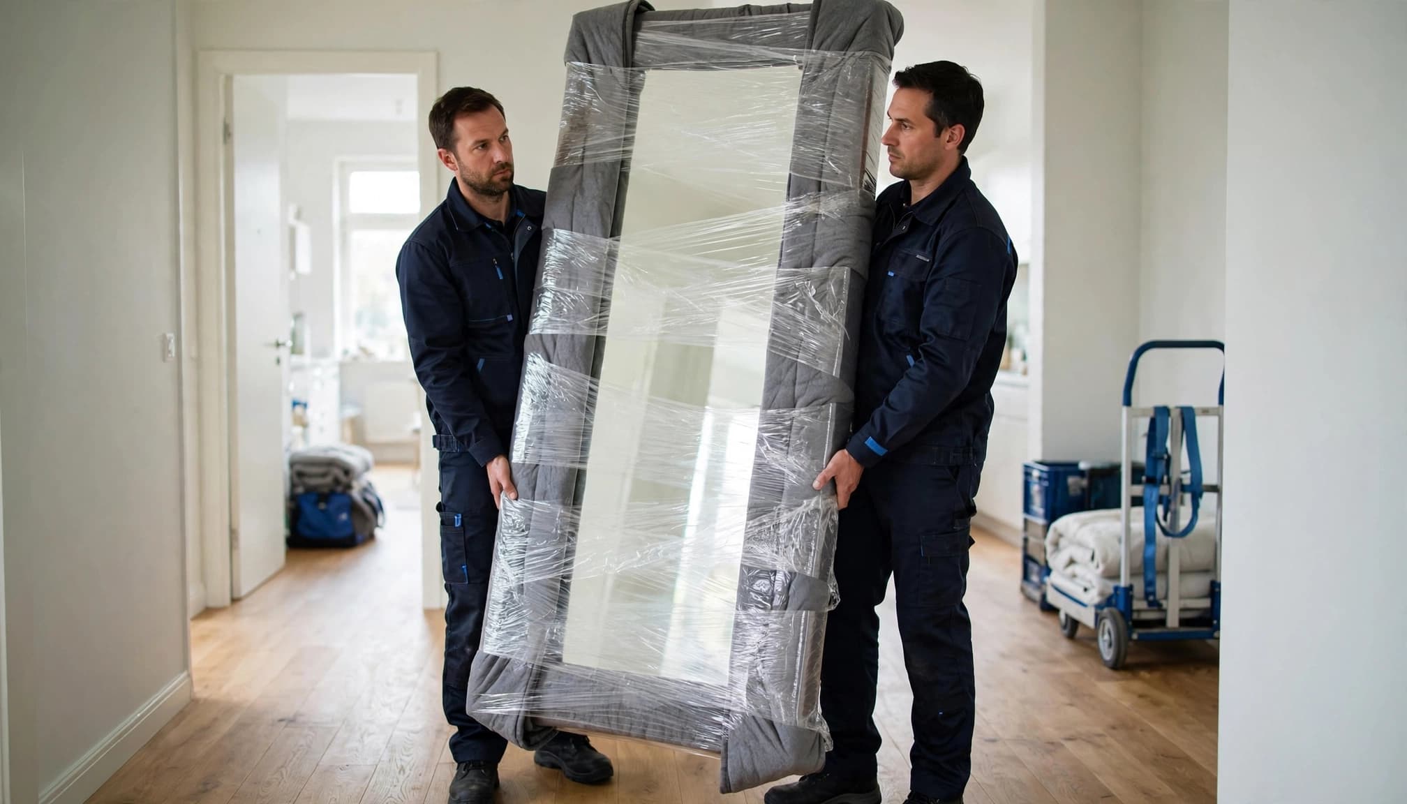 To flyttemænd bærer et stort, indpakket spejl i en bolig.